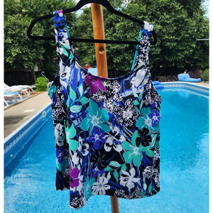 Maxine Of Hollywood $65 Size 24W Black Blue Teal Scoop Neck Tankini Swimsuit Top